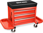 DNA Motoring TOOLS-00261 3-Drawer Tool Chest Rolling Mechanic Seat with Tool Trays,350lbs Max Weight Capacity,Red