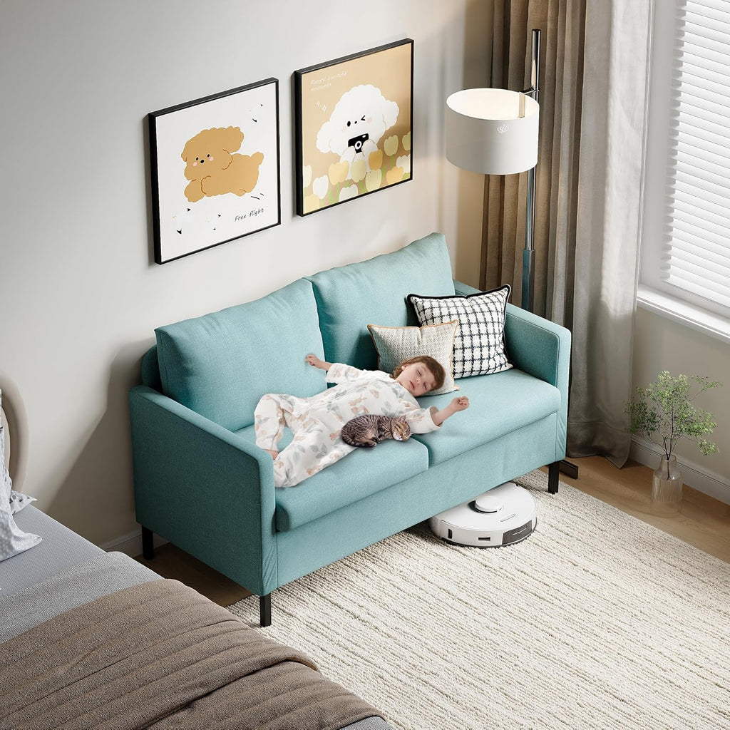 TYBOATLE 51" W Linen Fabric Upholstered Modern Loveseat Sofa Couch for Living Room, Love Seats 2-Seater Furniture w/Iron Legs for Compact Space, Apartment, Bedroom, Dorm, Office, Aqua Blue