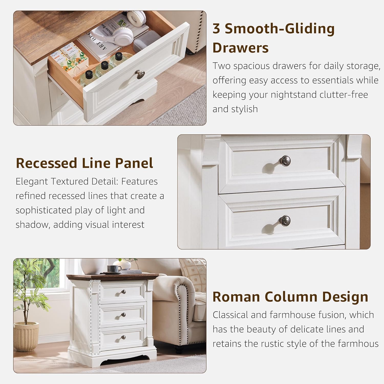 T4TREAM Farmhouse Nightstand Set of 2, 23.6" End Table with 3 Drawers Storage, Wood Side Table w/Roman Column, End Tables Living Room Set of 2, Bedside Cabinet for Bedroom, Living Room, Antique White