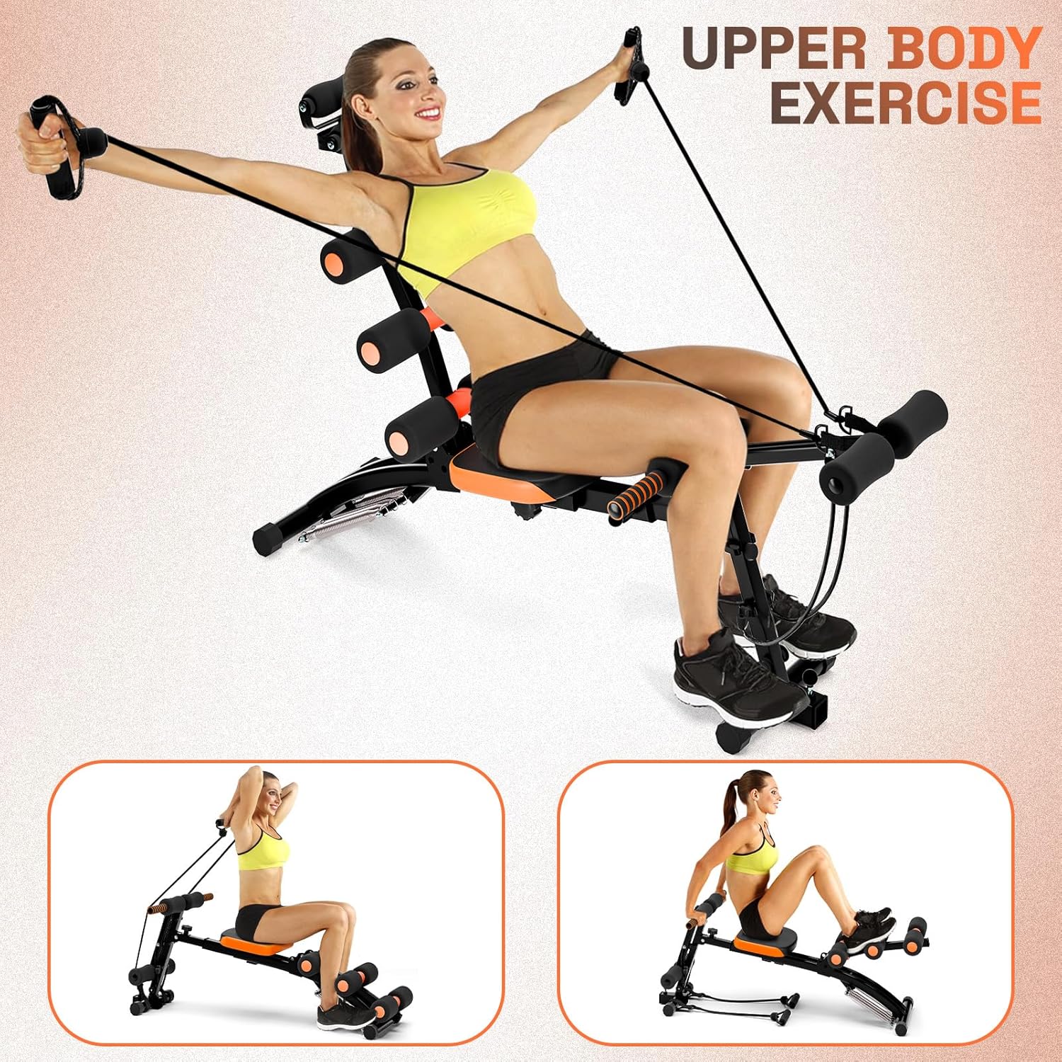 Ab Machine for Home Gym, 6 in 1 Adjustable Ab Workout Bench and Core Trainer, Foldable Sit Up Equipment with Resistant Bands for Total Body Fitness