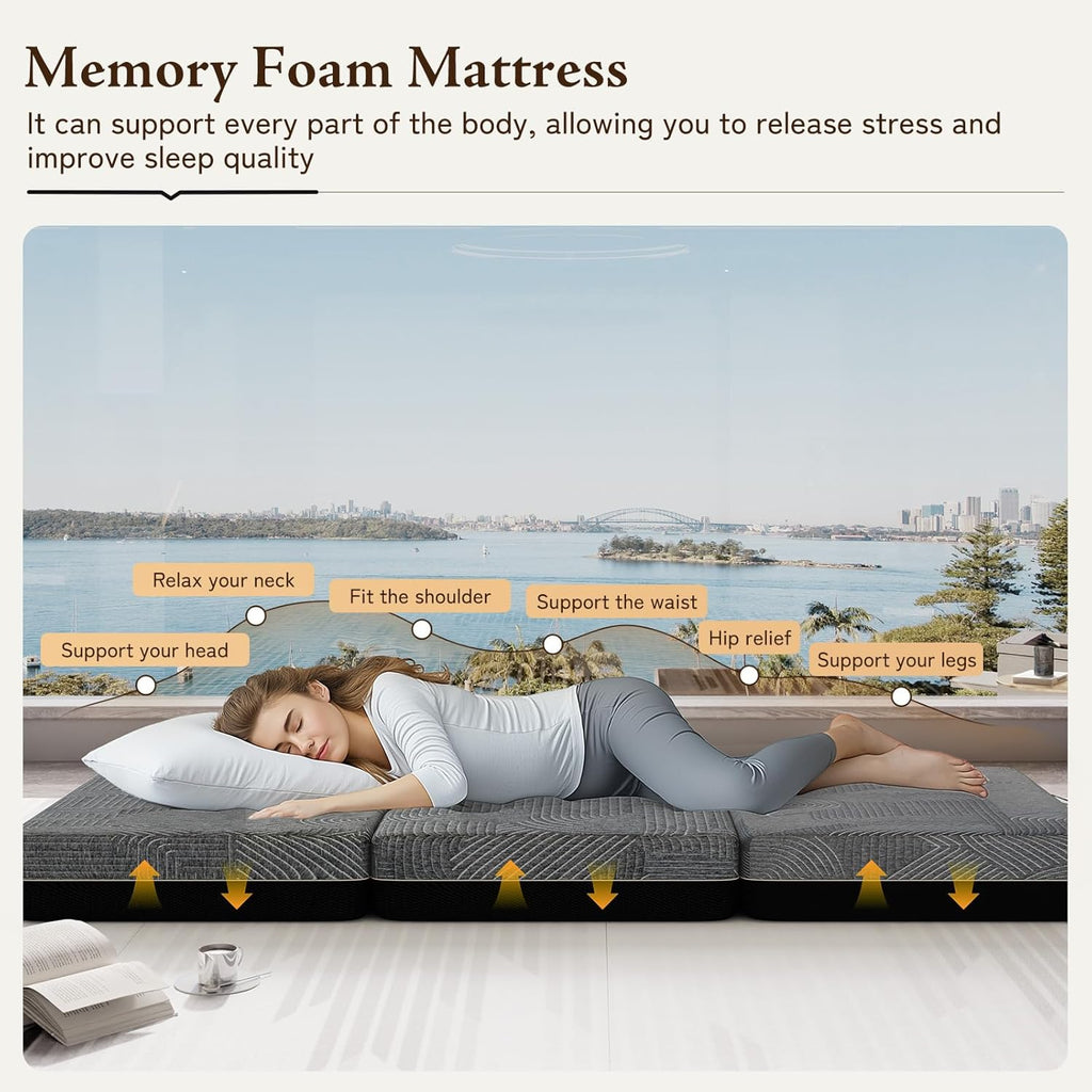 Tri Folding Memory Foam Mattress Full Size - Handle & Non-Slip Bottom, Portable Foldable Sofa Bed Floor Chair for Travel RV Camping Guest Yoga - 6 Inch, 73"x52"x6"