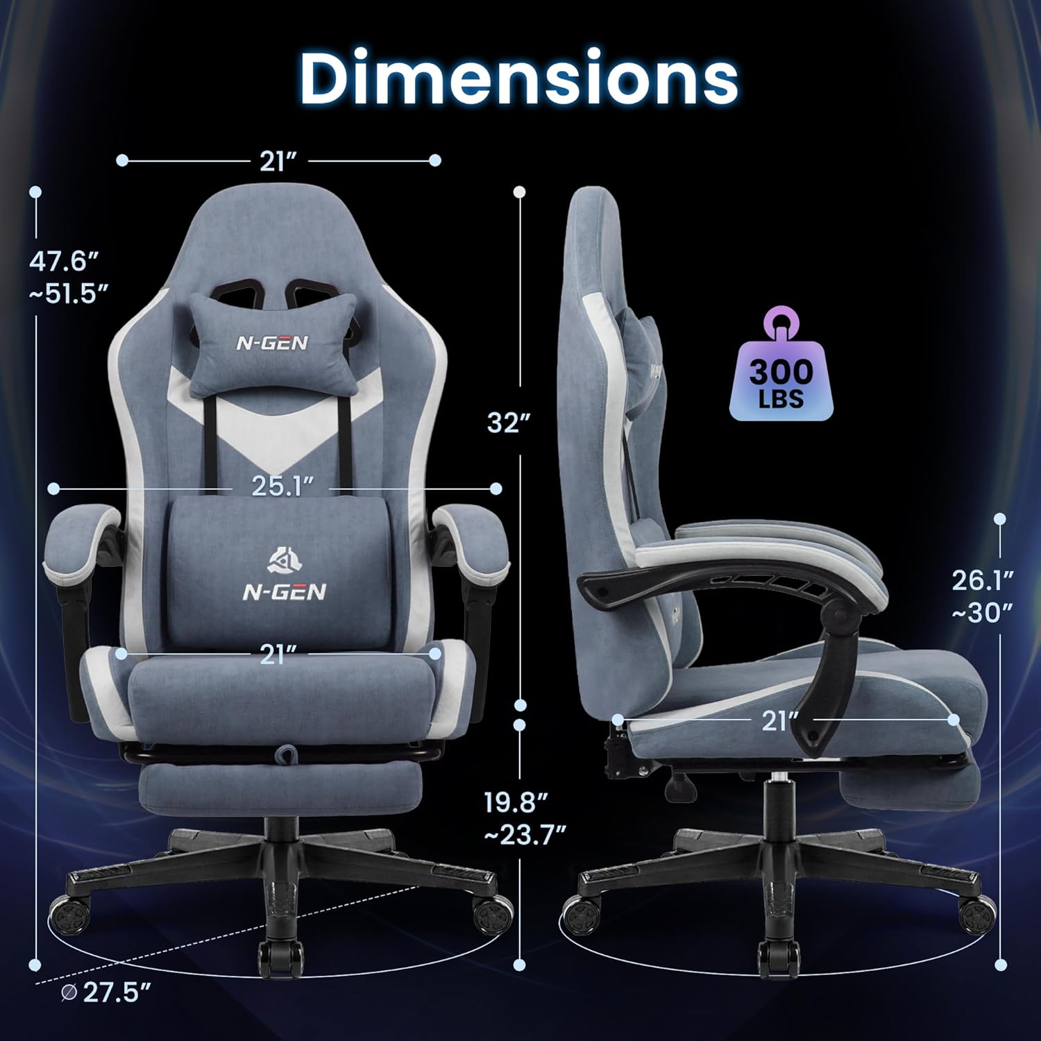 N-GEN GAMING Video Gaming Chair with Footrest Lumbar Support for Home Office High Back Recliner Height Adjustable Ergonomic Comfy Fabric Computer Desk Chair (Blue)