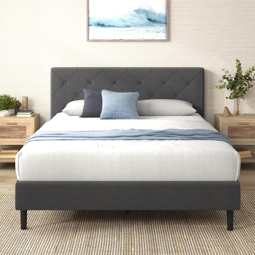 Zinus King Shalini Upholstered Platform Bed Frame with Headboard New WonderBox(TM) Version, Wooden Slat Support, No Box Spring Needed, Easy Assembly, Eco Friendly Packaging, Dark Grey