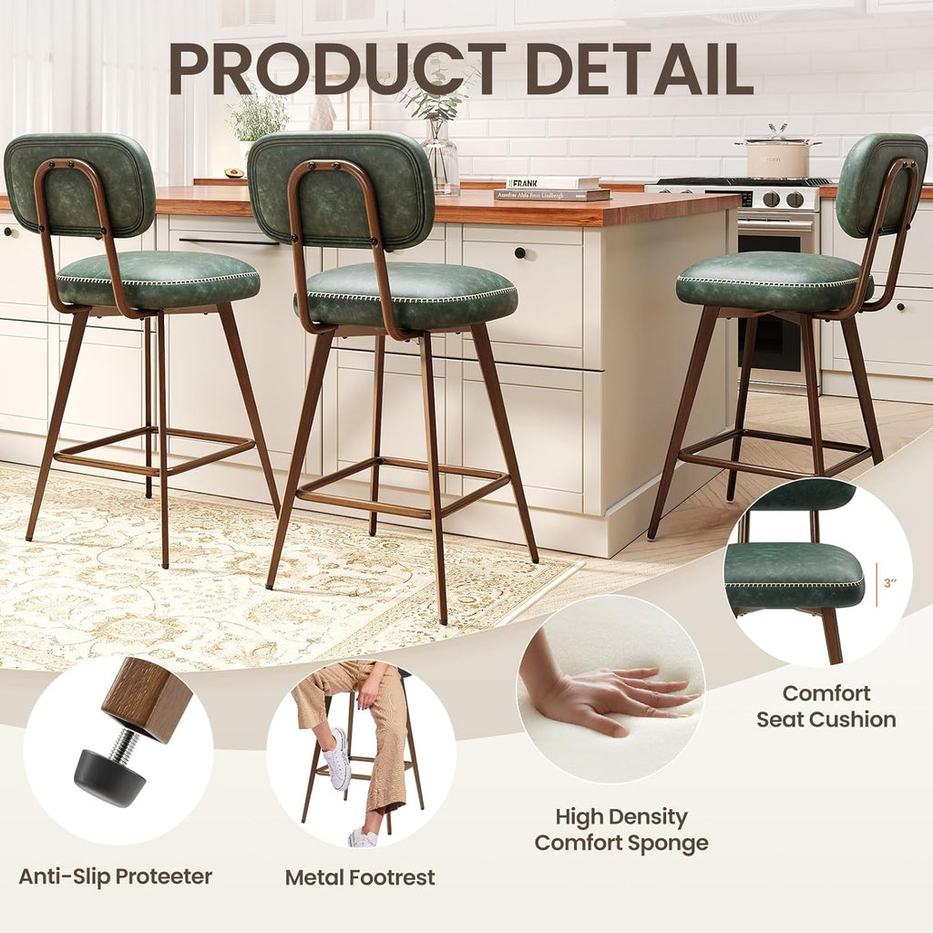 26“ Swivel Bar Stools Set of 4, Mid Century PU Leather Counter Height Bar Chairs with Low Back and Metal Legs, Modern Bar Stool Chair for Kitchen Island, Green