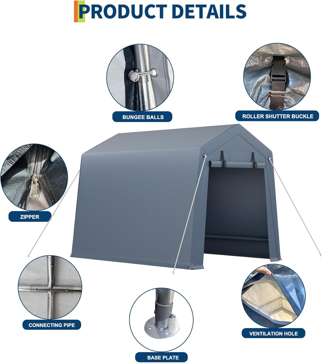 6X8 ft Heavy-Duty Portable Motorcycle Storage Shed with Roll-Up Door & Vent, 220g Waterproof PE Tarp & UV Protection, Motorcycle Shed for Motorcycles, Firewood, Garden Tools - Gray