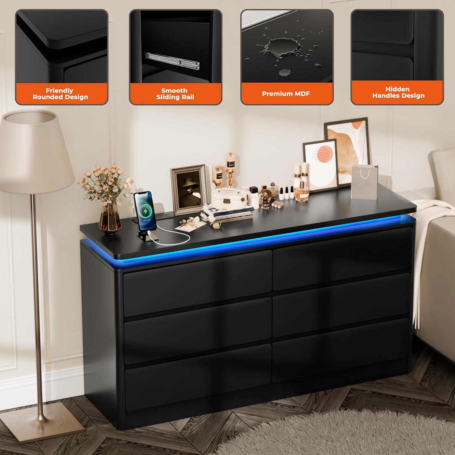 Loomie Upgraded 6 Drawer Black Dresser for Bedroom, 47.2" Long Chest of Drawers with Charging Station & LED Lights, Wooden Storage Cabinet Dresser for Closet,Modern TV Stand with Deep Drawers