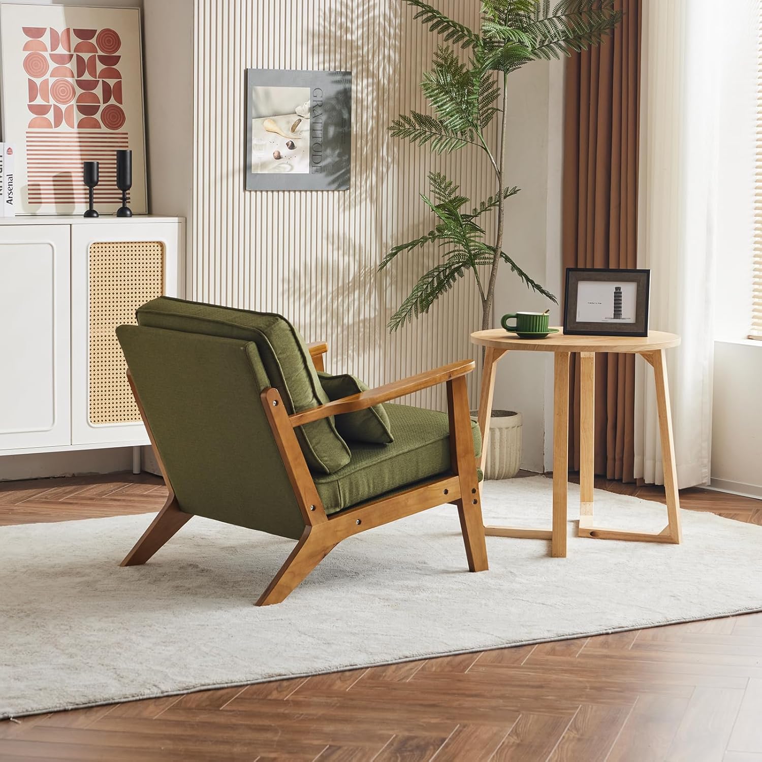 Karl home Accent Chair Wide Armrest Mid-Century Lounge Chair Linen Fabric Armchair with Lumbar Pillow & Solid Wood Frame for Living Room, Bedroom, Balcony, Green