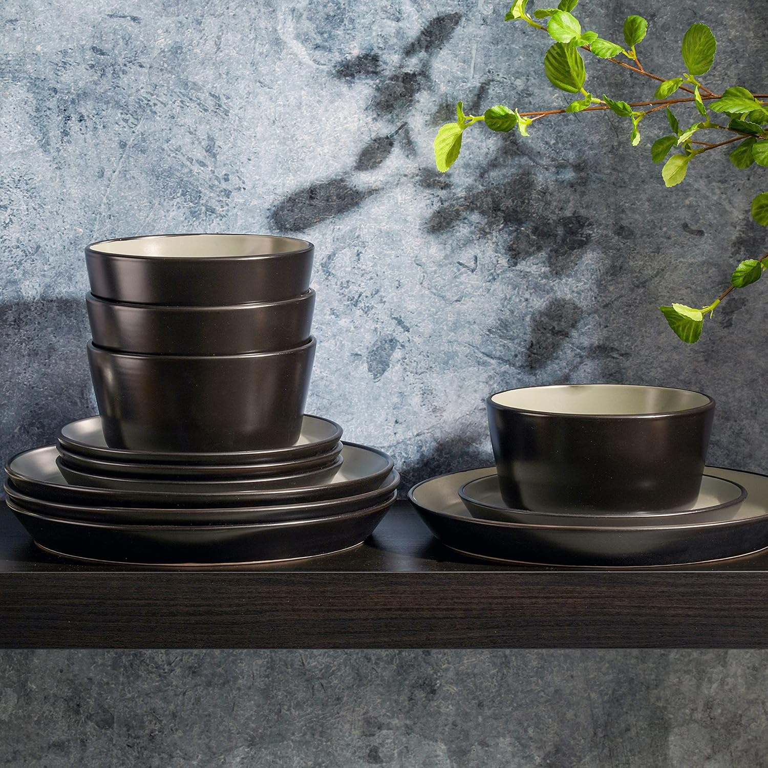 Gibson Soho Lounge Sofia Coupe 12-Piece Stoneware Dinnerware Set, Service for 4 – Grey Plates and Bowls