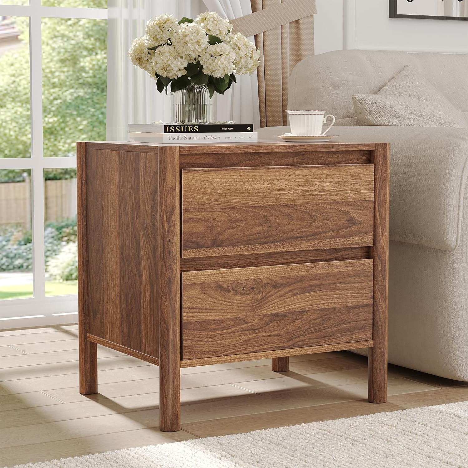 CHUWELL Mid Century Nightstand Set of 2 - Bedside Table with 2 Drawers and 4 Sturdy Solid Wood, End Table for for Bedroom (Walnut)