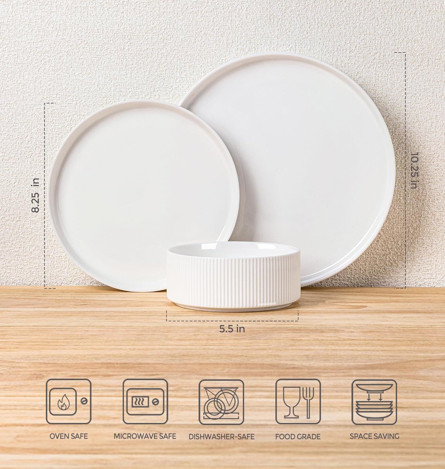 TheTerra Ceramic Dinnerware Sets for 6, 18 Pieces Porcelain Lightweight Plates and Bowls Sets, Scratch Resistant Dish Set, Oven & Microwave & Dishwasher Safe, Bright White
