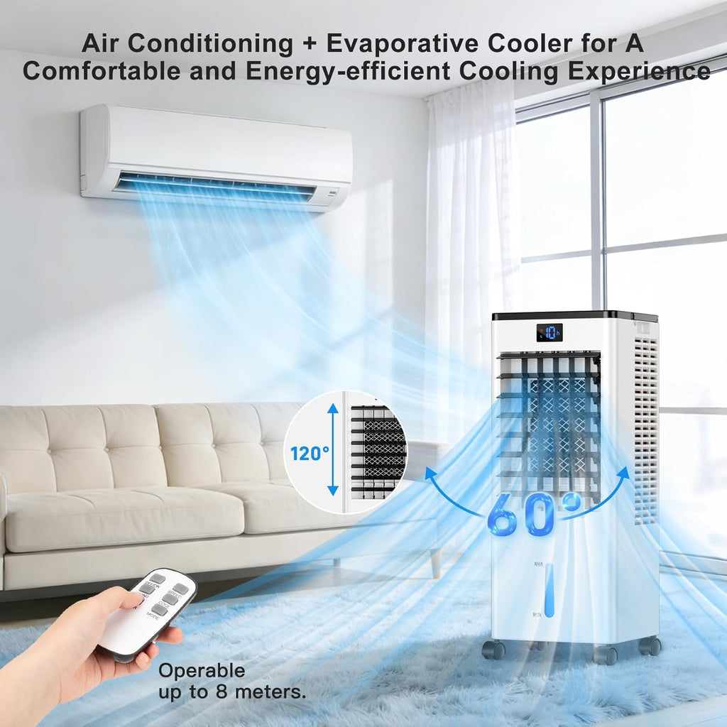 Portable Air Conditioners, 4-IN-1 Evaporative Air Cooler, Portable AC Unit w/ 4 Modes & 3 Speeds, Swamp Cooler w/ 12H Timer & Remote, Fast Cooling Room Air Conditioner for Bedroom Home Office Garage