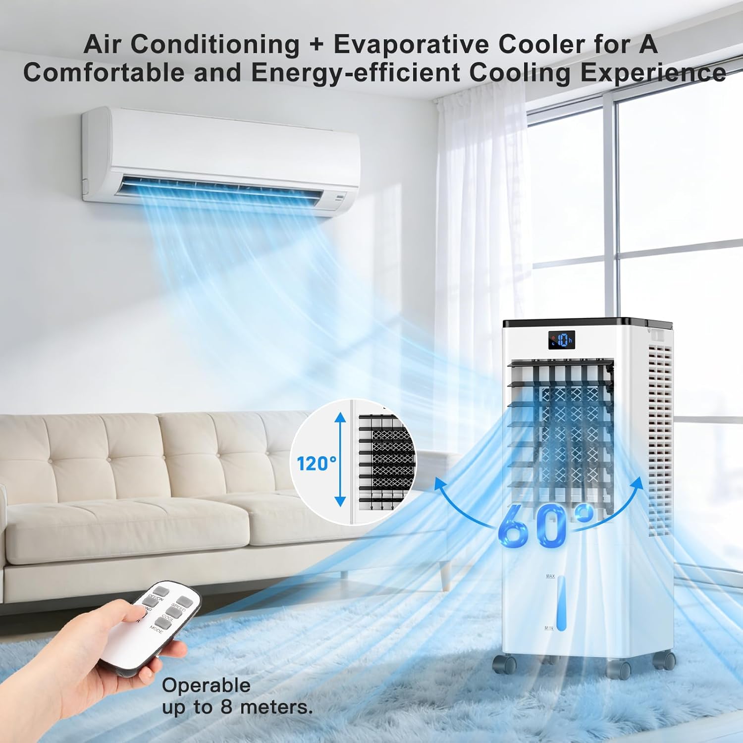 Portable Air Conditioners, 4-IN-1 Evaporative Air Cooler, Portable AC Unit w/ 4 Modes & 3 Speeds, Swamp Cooler w/ 12H Timer & Remote, Fast Cooling Room Air Conditioner for Bedroom Home Office Garage