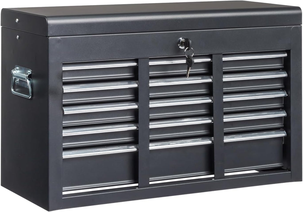 Metal Tool Box, 5-Layer Drawers & Top Storage Tray Tool Box with Lock Safety and Handle, 24" Portable Tool Chest Cabinet for Garage, Warehouse, Home, Black