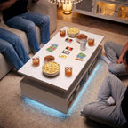 YSHOMY 40" Lift Top Coffee Table with Hidden Storage & Multi-Color LED Lights, Modern Square Wood Table with 4 Open Shelves for Living Room and Small Space, White Grain