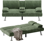 Flamaker Futon Sofa Bed Corduroy Folding Couch Adjustable Sleeper Sofa Bed for Small Apartment Upholstered Living Room Furniture Set with 2 Cup Holders Removable Armrests (Corduroy, Green)