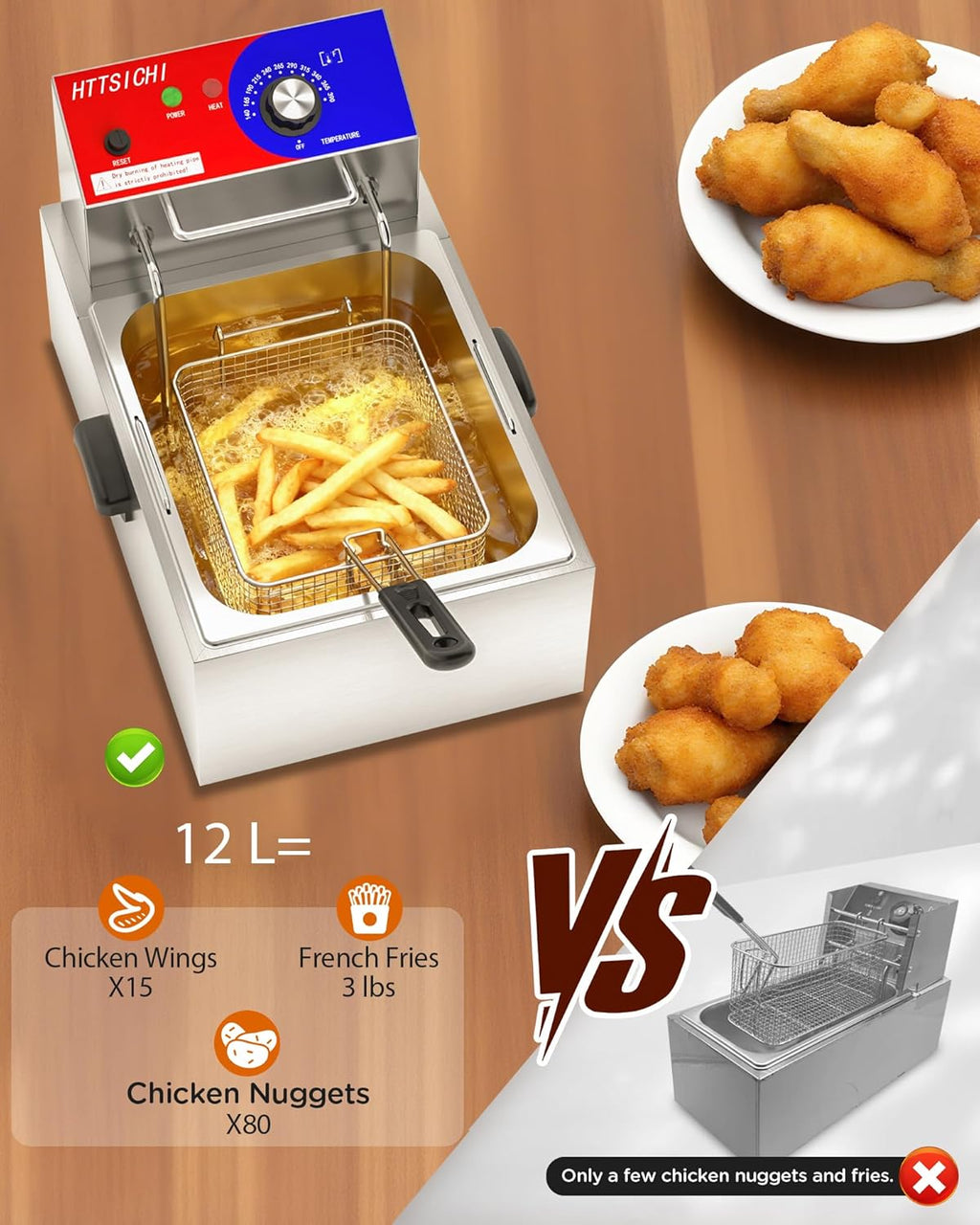 Commercial Deep Fryer - 12 L Electric Deep Fryer with 6 L Basket, Commercial Deep Fryer with Basket, Stainless Steel Countertop Deep Fryer w/Adjustable Temperature and Restaurant Use