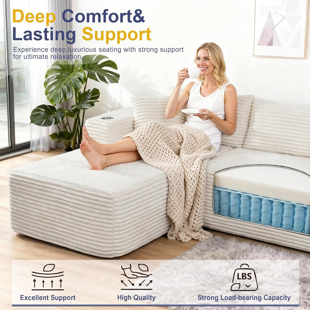 Shintenchi Boneless Couches for Living Room,Modular Sectional Sofa with 2 Cup Holders,Memory Foam Cloud Couch with L Shaped Oversized Chaise,No Assembly Needed Plush Corduroy Sofa
