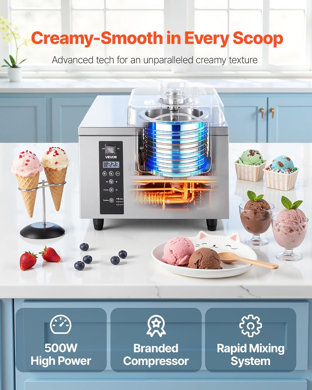 VEVOR Commercial Hard Ice Cream Machine, 500W 1.32 Gal/Hour, Gelato Hard Serve Ice Cream Maker with 2.8L 304 Stainless Steel Cylinder, Auto Clean LED Panel High Productivity for Snack Bar Restaurants