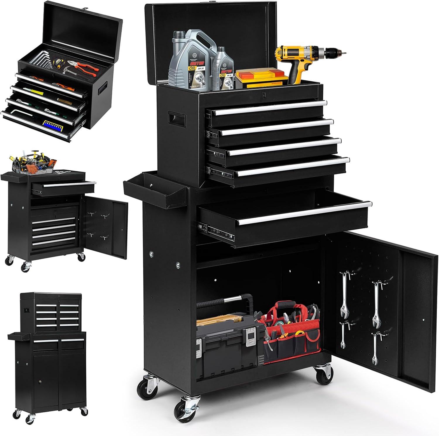 Dawmilon 5-Drawer Rolling Tool Chest with Wheels - High Capacity Tool Cabinet with Detachable Top Toolbox for Garage and Workshop Organization - Metal Tool Cart with Liner & 4 Hooks, Black