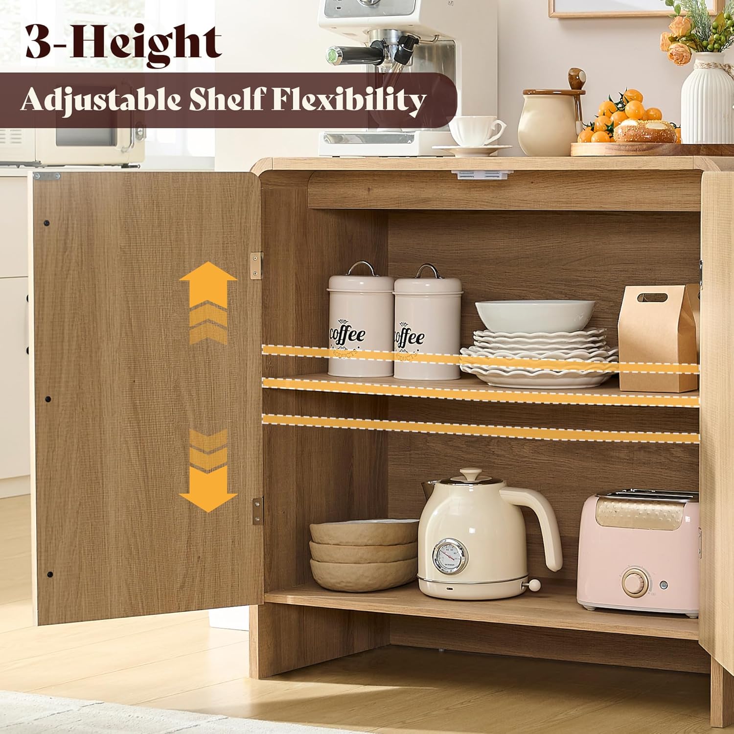 AMERLIFE Fluted Buffet Cabinet with Storage, Modern Sideboard Cabinet with 2 Doors & Adjustable Shelf, Console Table & Credenza for Living Room, Dining Room & Entryway, Natural Oak