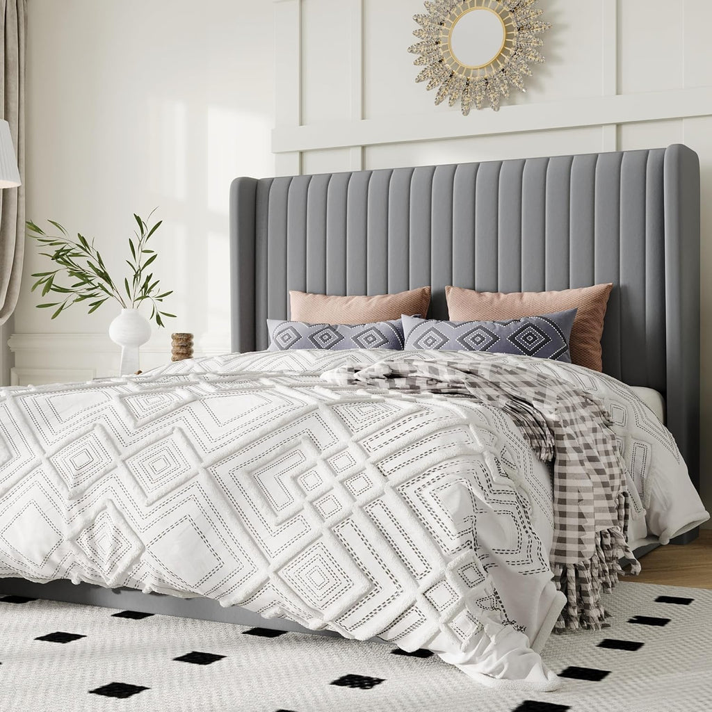 Allewie Queen Size Lift Up Storage Bed Frame, Hydraulic Support System, Upholstered Platform Bed Frame, Underneath Storage, Vertical Channel Tufted Headboard with Wingback, No Box Spring Needed, Grey