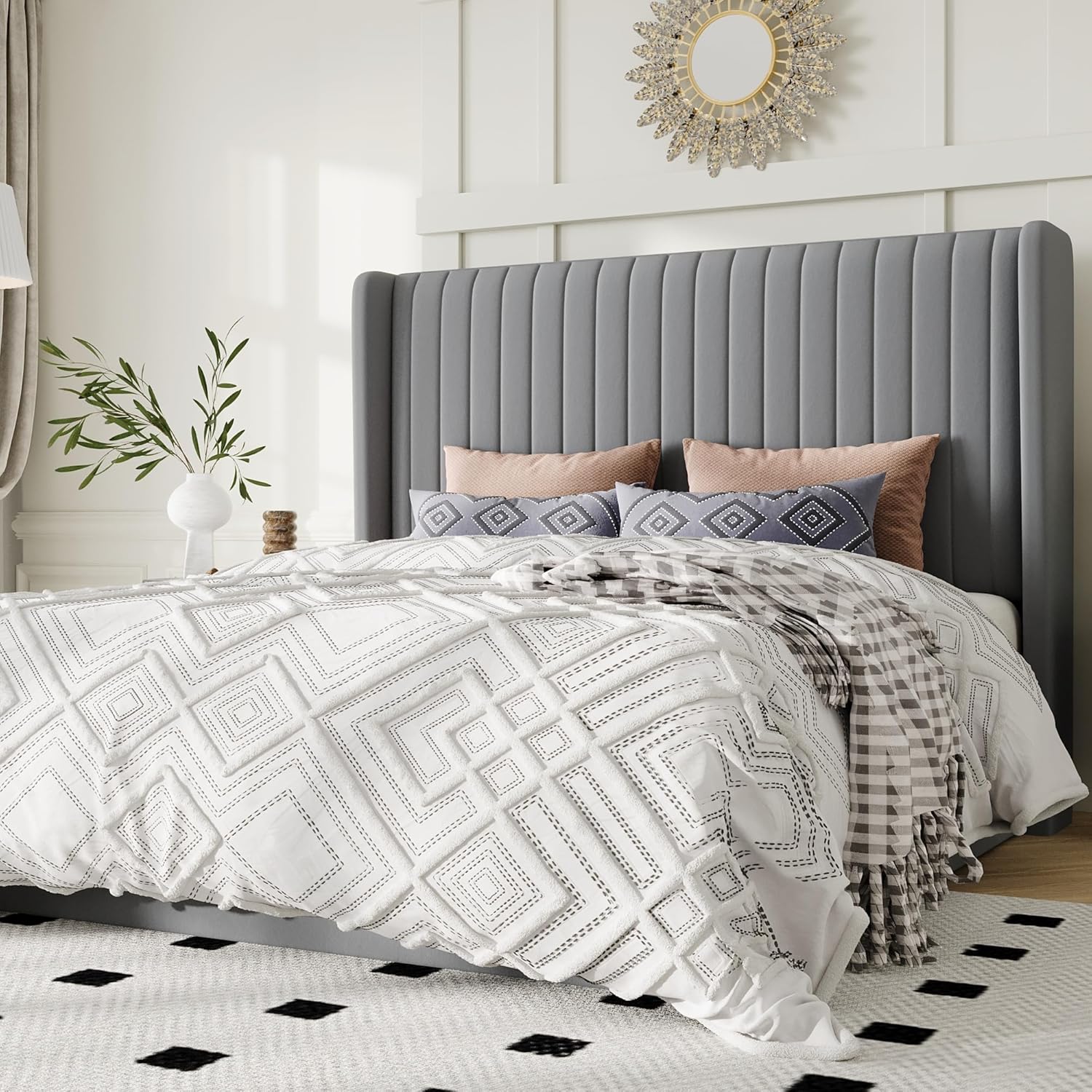 Allewie Queen Size Lift Up Storage Bed Frame, Hydraulic Support System, Upholstered Platform Bed Frame, Underneath Storage, Vertical Channel Tufted Headboard with Wingback, No Box Spring Needed, Grey