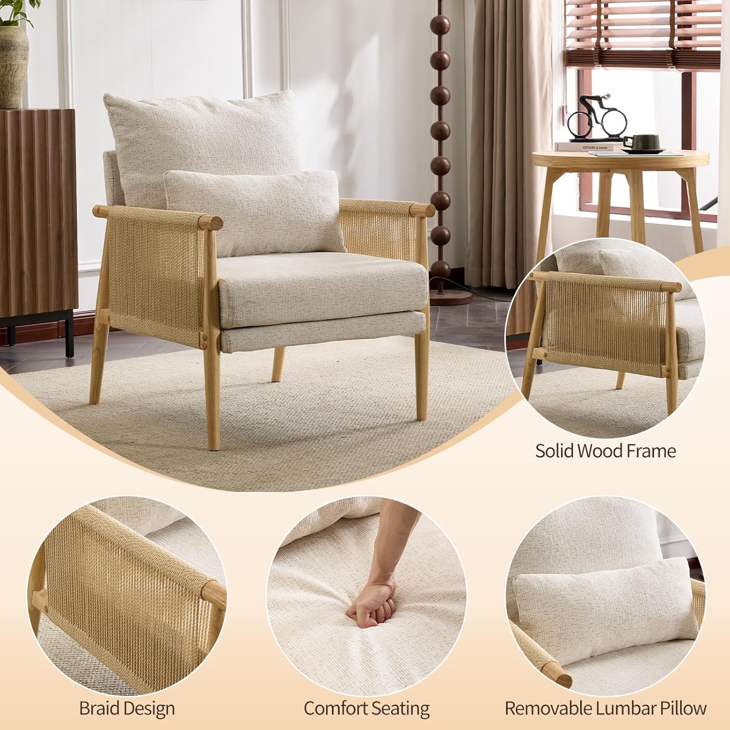 Karl home Cozy Chenille Accent Chair with Lumbar Pillow & Rattan Arms Modern Lounge Chair for Living Room, Bedroom, Reading Nook, Gray