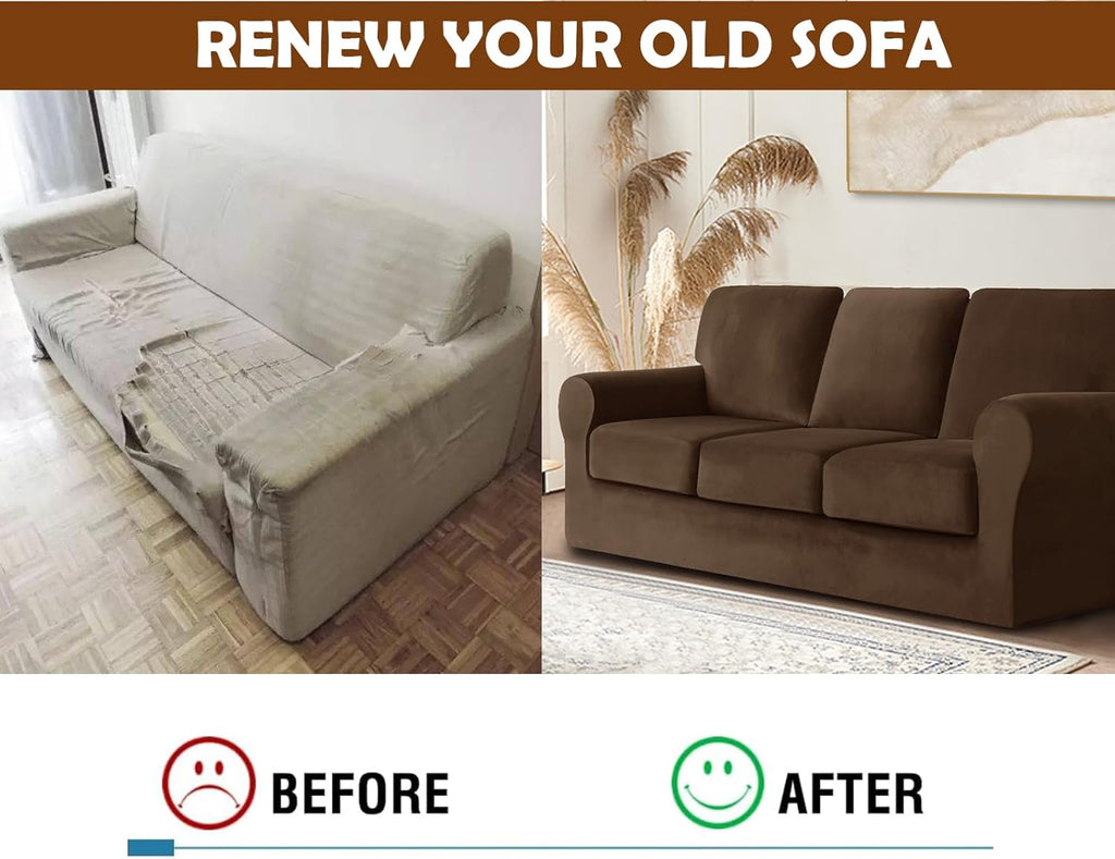 7 Pieces Velvet High Stretch Sofa Covers for 3 Cushion Couch Sofa Slipcovers, Washable Furniture Protector with Drawstring Anti Slip Bottom, Soft and Plush Fabric for Kids and Pet (Coffee)