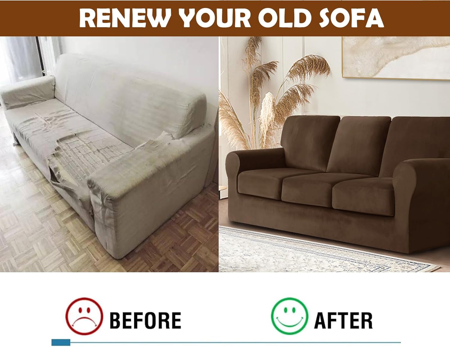 7 Pieces Velvet High Stretch Sofa Covers for 3 Cushion Couch Sofa Slipcovers, Washable Furniture Protector with Drawstring Anti Slip Bottom, Soft and Plush Fabric for Kids and Pet (Coffee)