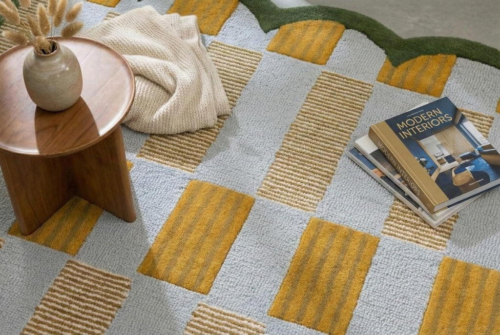 Hand-Tufted Scalloped Wool Area Rug, Modern Plaid Checkered Pattern, Soft & Durable Cozy Accent Rug for Living Room, Bedroom & Nursery, Handmade Decorative Floor Carpet (Light Blue, 8' x 10')