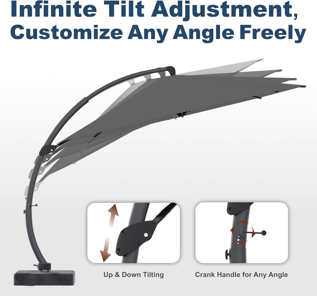 12FT Cantilever Umbrella with Base Large Curvy Outdoor Aluminum Offset Umbrella w/ 360° Rotation  UV Resistant Canopy for Patio  Garden  Backyard  Grey