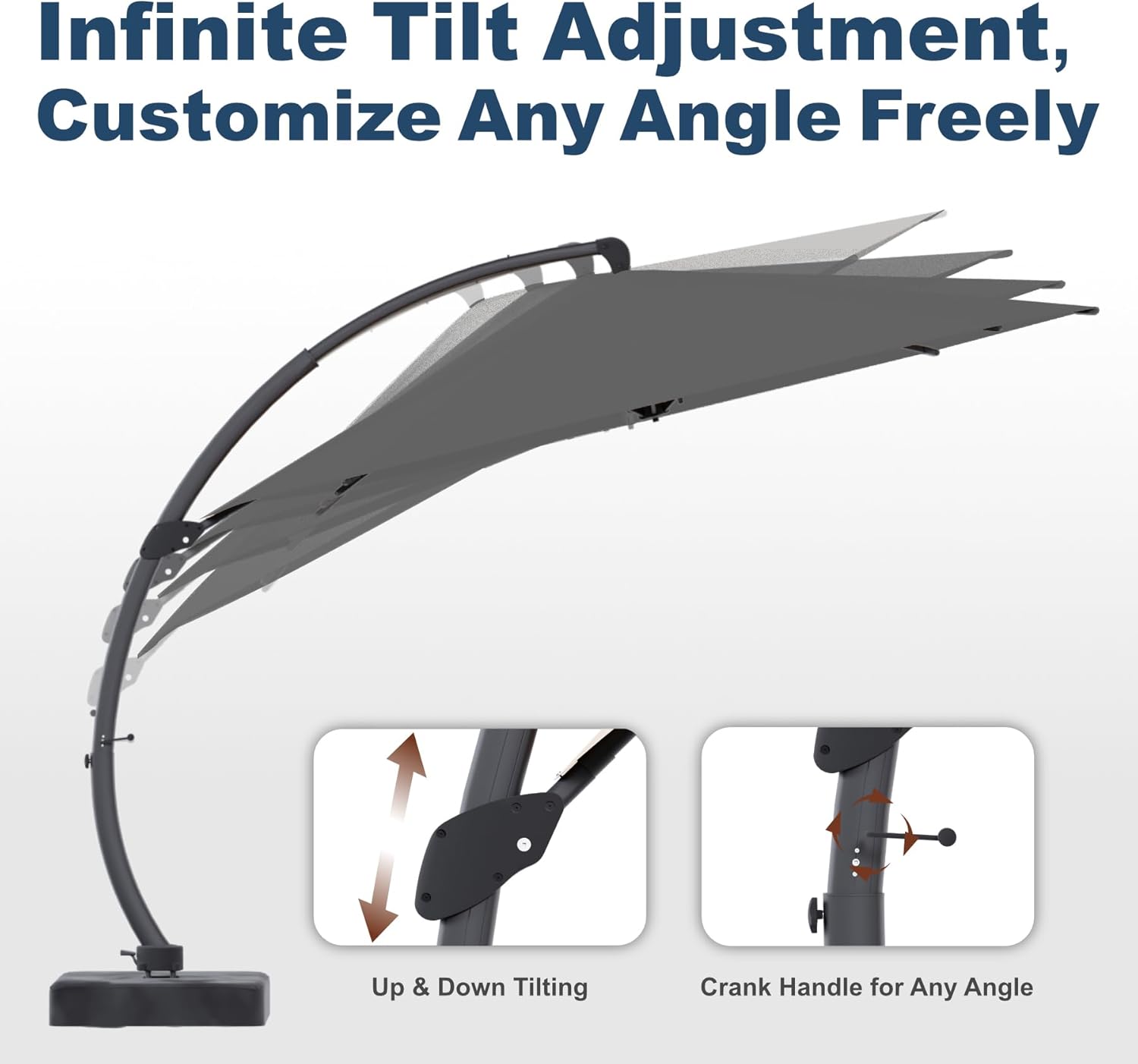 12FT Cantilever Umbrella with Base Large Curvy Outdoor Aluminum Offset Umbrella w/ 360° Rotation  UV Resistant Canopy for Patio  Garden  Backyard  Grey