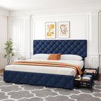 IDEALHOUSE King Size Bed Frame with 4 Storage Drawers and Adjustable Headboard, Linen Upholstered Platform Beds, Diamond Stitched Button Tufted, No Box Spring Needed, Blue