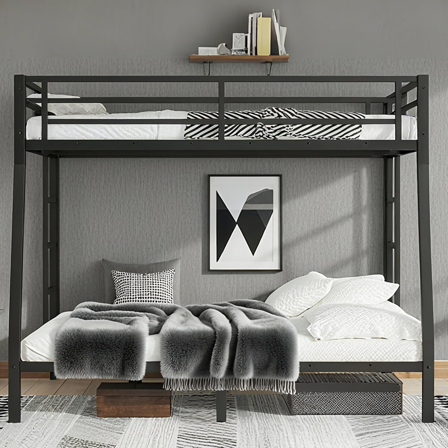 Bellemave Metal Full XL Over Queen Bunk Bed, Heavy-Duty Bunkbed Frame with Guardrails & 2 Ladders, Noise-Free, 9.8" Under-Bed Storage Full Over Queen bunk Bed, No Box Spring Needed, Black
