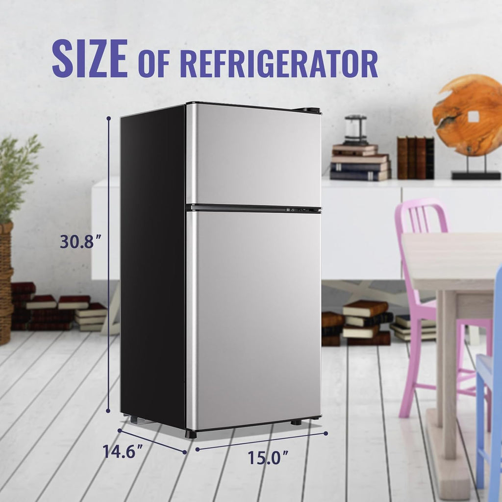 DEMULLER 2.4 Cu.Ft Small Refrigerator with Freezer Dorm Mini Fridge Removable Plastic Shelves Ideal for Home, Office,Dormitory Silver