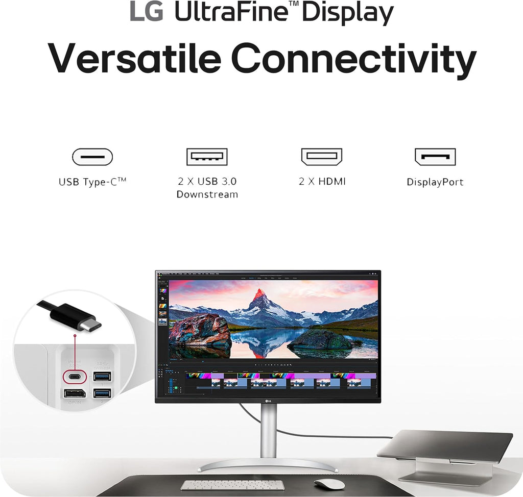 LG 32UP83AK-W 32-inch Ultrafine 4K UHD (3840 x 2160) IPS Computer Monitor  60Hz  HDR10  Built-in Speaker  Reader Mode  HDMI  DisplayPort  USB Type-C 60W PD  Tilt/Height/Pivot Adjustable Stand  White