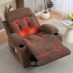 360° Swivel Rocking Chair, Rocker Recliner Chair with Vibration Massage and Heat, Ergonomic Lounge Chairs with Rocking Function and Side Pocket, Cup Holders, Brown