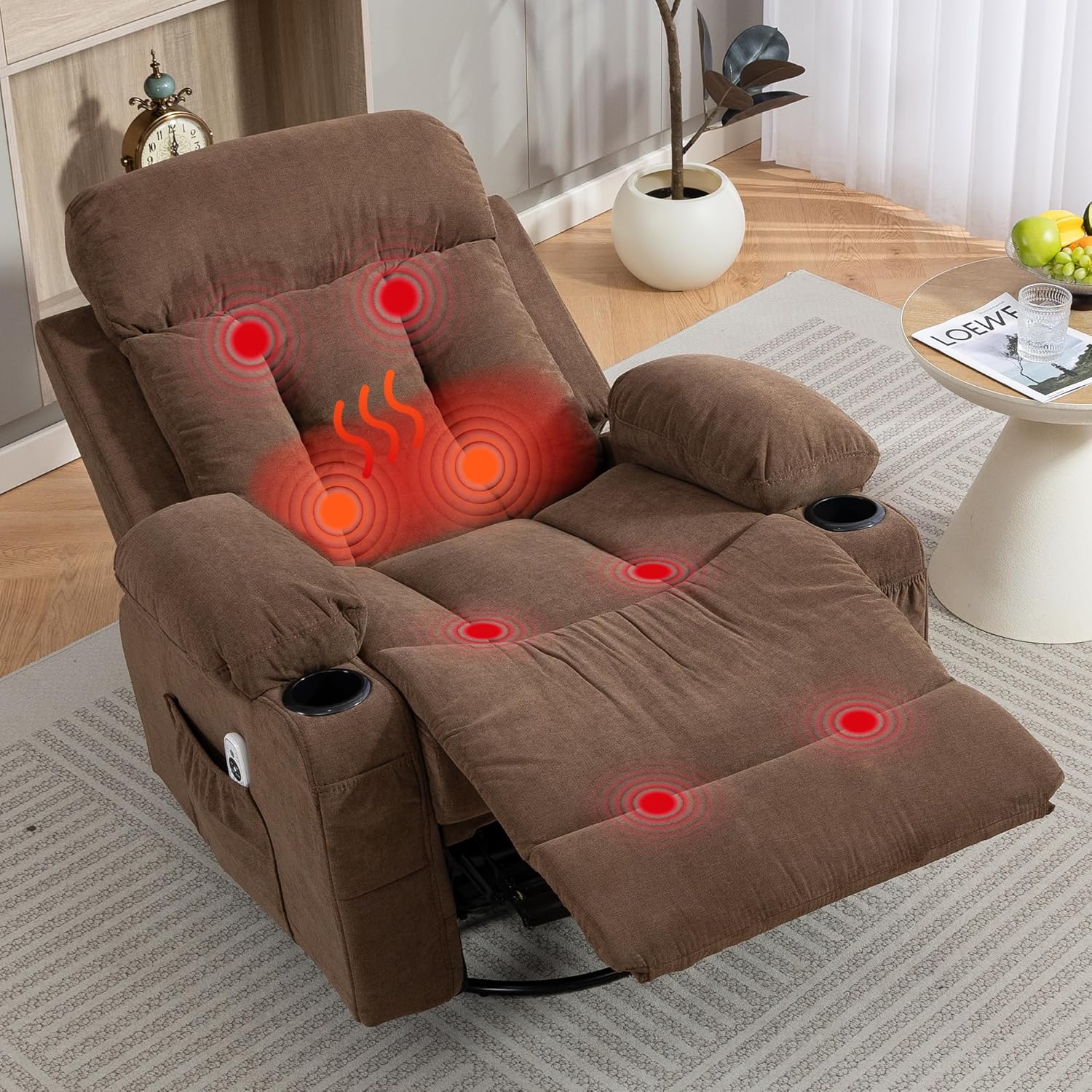 360° Swivel Rocking Chair, Rocker Recliner Chair with Vibration Massage and Heat, Ergonomic Lounge Chairs with Rocking Function and Side Pocket, Cup Holders, Brown