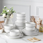 MALACASA Plates and Bowls Sets, 24 Pieces Modern Porcelain Dinnerware Set for 8 White Kitchen Dinner Dining Ware Set wtih Black Rim Ceramic Dishware Dishes Microwave and Dishwasher Safe, Series LUNA