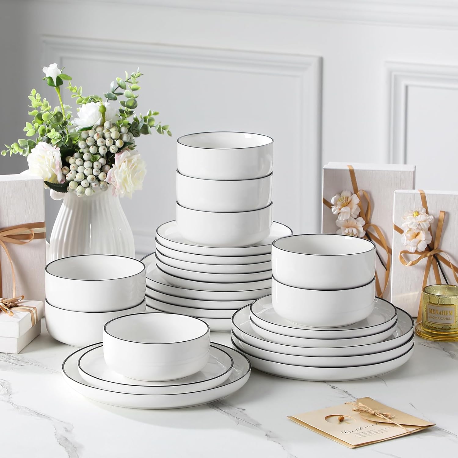 MALACASA Plates and Bowls Sets, 24 Pieces Modern Porcelain Dinnerware Set for 8 White Kitchen Dinner Dining Ware Set wtih Black Rim Ceramic Dishware Dishes Microwave and Dishwasher Safe, Series LUNA