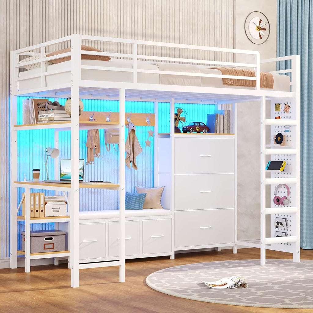 Twin Loft Bed with 6 Storage Drawers, Hall Tree and Pegboard, Metal Loft Bed Twin Size with Desk and Adjustable Shelf, LED Lights and Charging Station, Safety Guardrail and Ladder,No Box Spring Needed