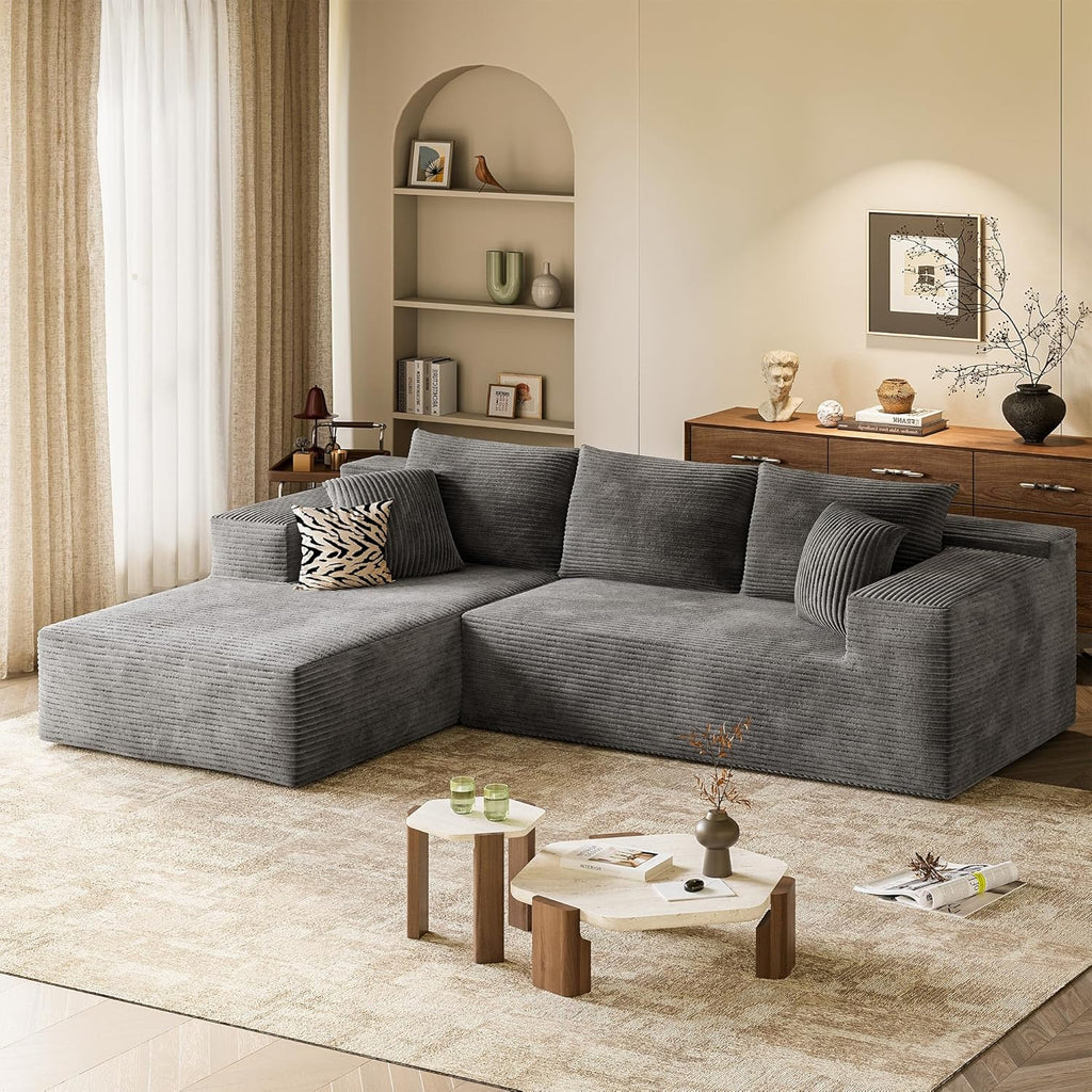 VICTONE 108” Cloud Sectional Couches, Boneless Couch Modular L-Shaped Sofa with Deep Seat, Modern Comfort Upholstered Sofas for Living Room, No Assembly Required (Corduroy, Grey)