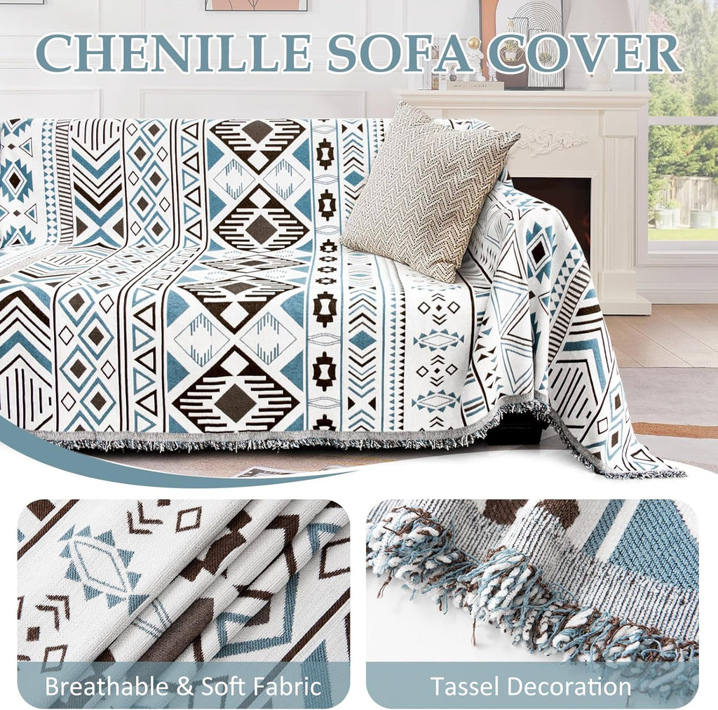 1OO% Waterproof Sectional Couch Covers for Dogs L Shaped Corner Sofa Cover Washable Chenille Sofa Slipcovers Blanket Modern Jacquard Pet Furniture Protector (91"x252", Boho Blue Brown)
