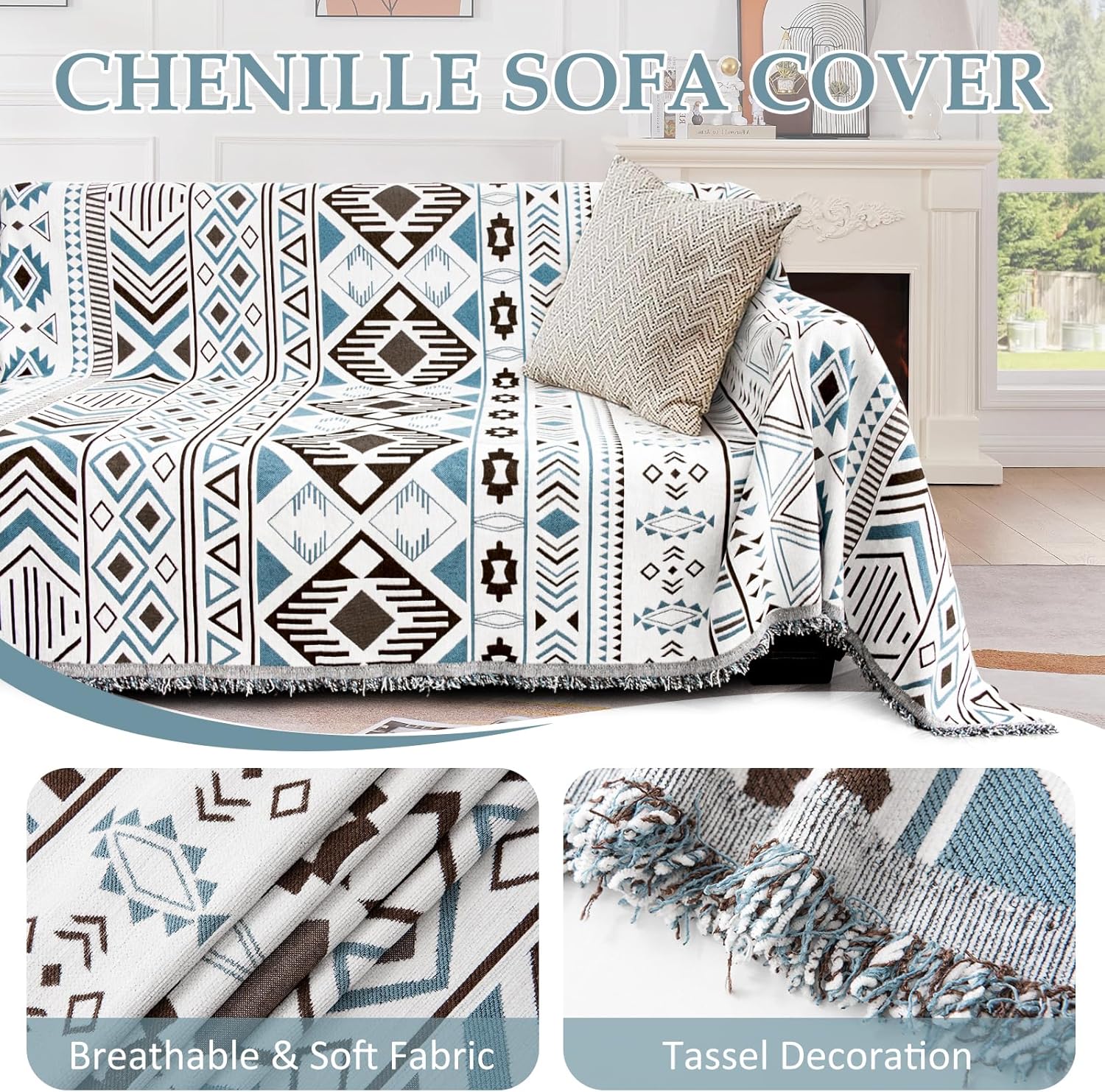 1OO% Waterproof Sectional Couch Covers for Dogs L Shaped Corner Sofa Cover Washable Chenille Sofa Slipcovers Blanket Modern Jacquard Pet Furniture Protector (91"x252", Boho Blue Brown)