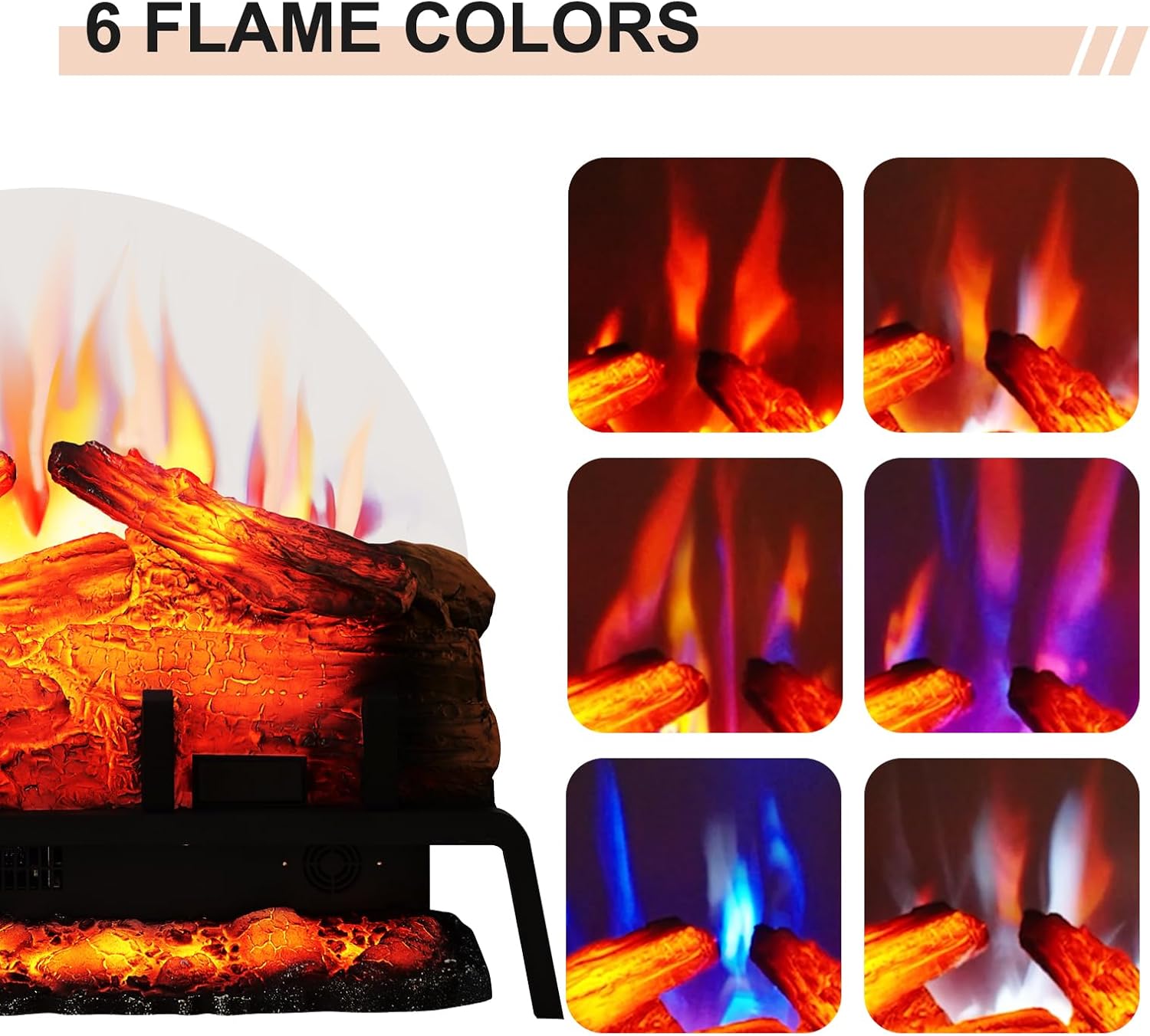 PuraFlame 24" Free Standing Electric Fireplace Log Set Insert, 750W/1500W Heater, 6 Flame Colors with 5 Brightness, Crackling Sound, Remote Control