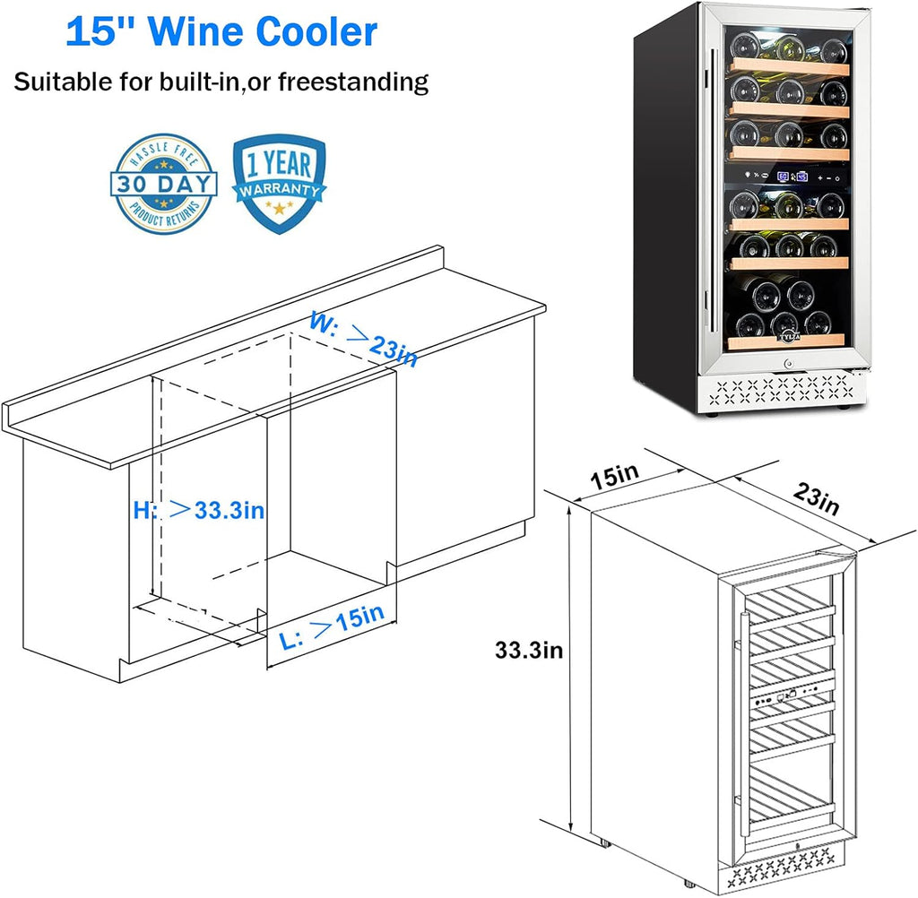 Tylza Mini Fridge 15 Inch Wine Cooler Under Counter, 30 Bottles Dual Zone Wine Fridge with Safty Lock, Wine Refrigerator Freestanding, Built-in Wine Cellars