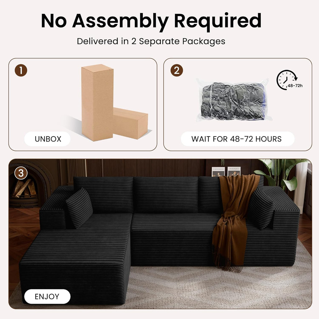 106" Cloud Sectional Boneless Couches for Living Room, Modular L Shaped Couch with Deep Seat Oversized Left Facing Chaise, Memory Foam Compressed Spineless 3 Seater Sofa for Bedroom Apartment, Black