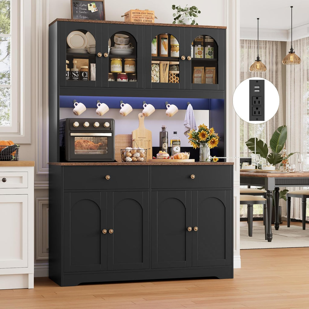 HIFIT 71" LED Kitchen Pantry Cabinet with Power Outlet, Large Kitchen Hutch Storage Cabinet with Arched Door & Shelves & 2 Drawers, Tall Farmhouse Coffee Bar w/Hutch for Home Dining Living Room, Black
