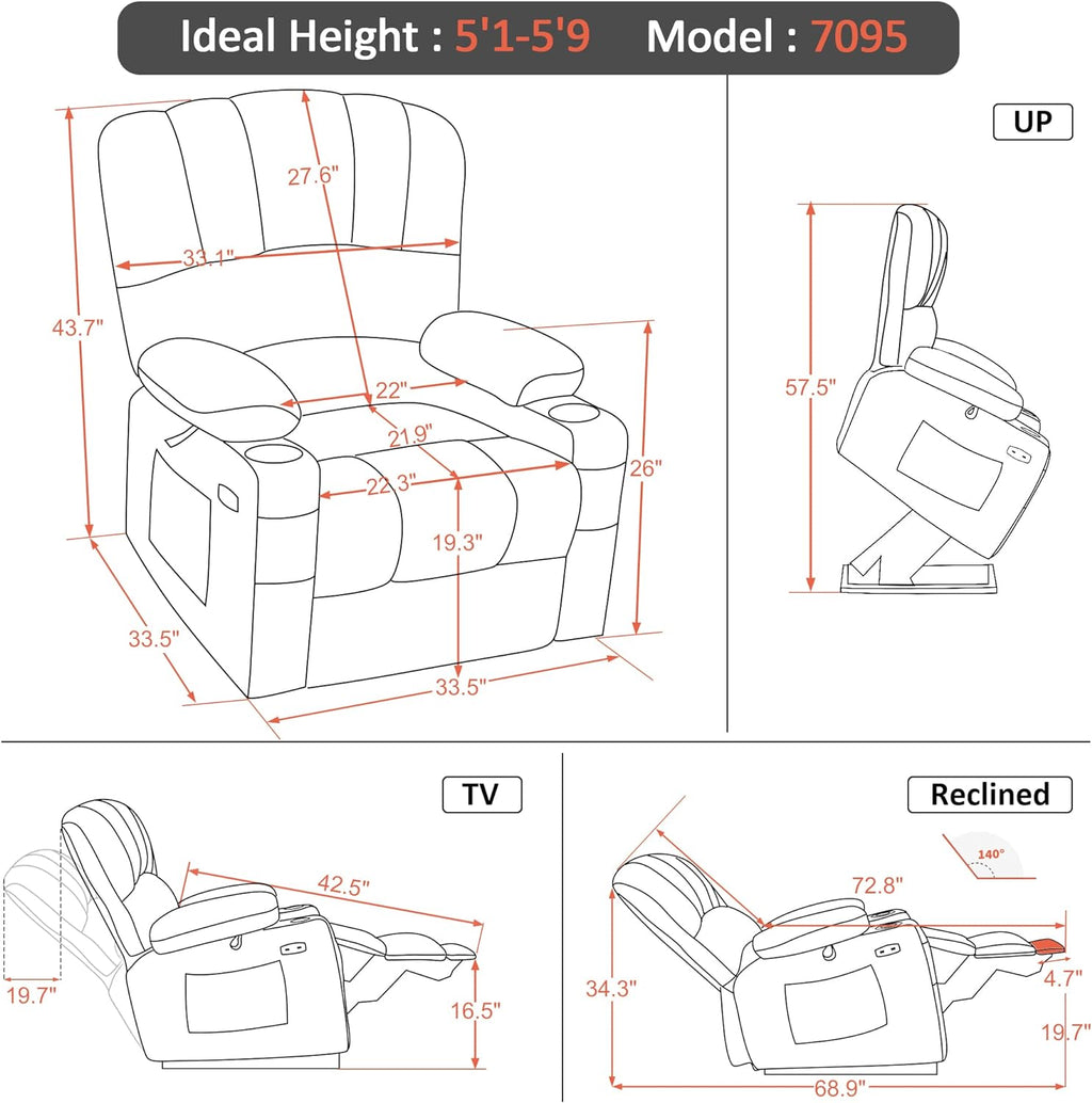 MCombo Power Lift Recliner Chair for Elderly, Lift Chair with Heat and Massage, USB &Type C Ports, Cup Holders, Faux Leather 7095 (Medium, Grey)