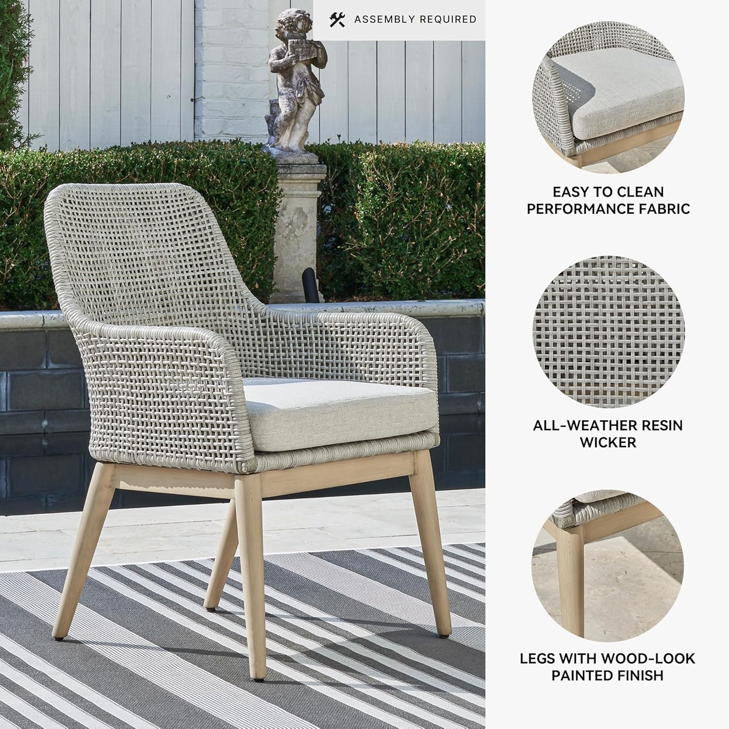 Signature Design by Ashley Seton Creek Cottage Nuvella Weather Resistant Fabric Outdoor Dining Arm Chair with Cushion, Set of 2, Light Brown & Light Gray